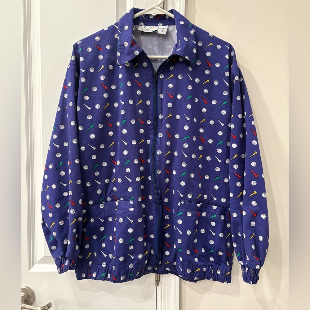 Vintage First Tee Mens Jacket Golf Pattern Blue and White
